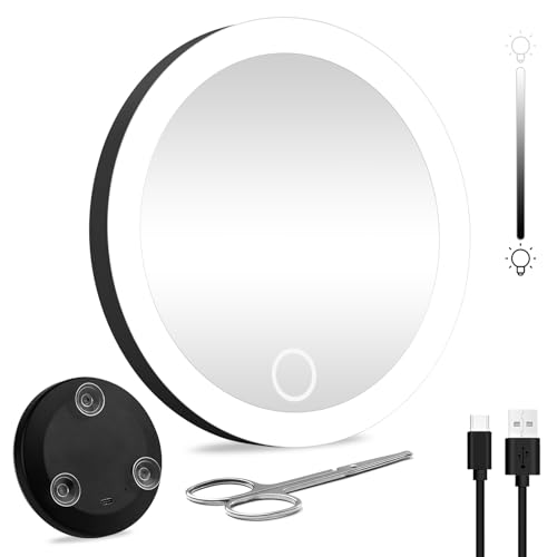 拡大鏡 メイク 10倍拡大鏡 ライト付きミラー 吸盤 鼻毛ハサミ付き コンパクトミラー ３光色 無段階調光 USB充電式 コンパクト 化粧鏡 収納便利 持ち運び便利 旅行用メイクアップミラーとして (ブラック 10X)