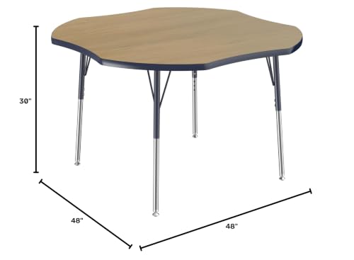 Image of FDP Clover (48 x 48 inch) Collaborative Classroom Table with Adjustable Standard Swivel Glide Legs (19-30 in) School and Office Furniture - Pasadena Oak Top /Navy Edge and Legs