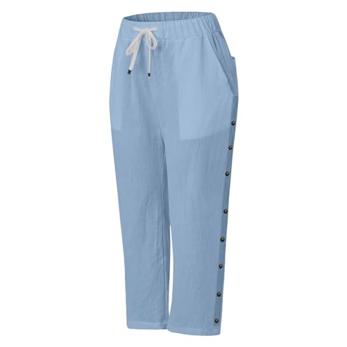 Generic Linen Capris for Women Striped Elastic Waisted Drawstring Capri Pants with Pockets Side Button Casual Cropped Pants3
