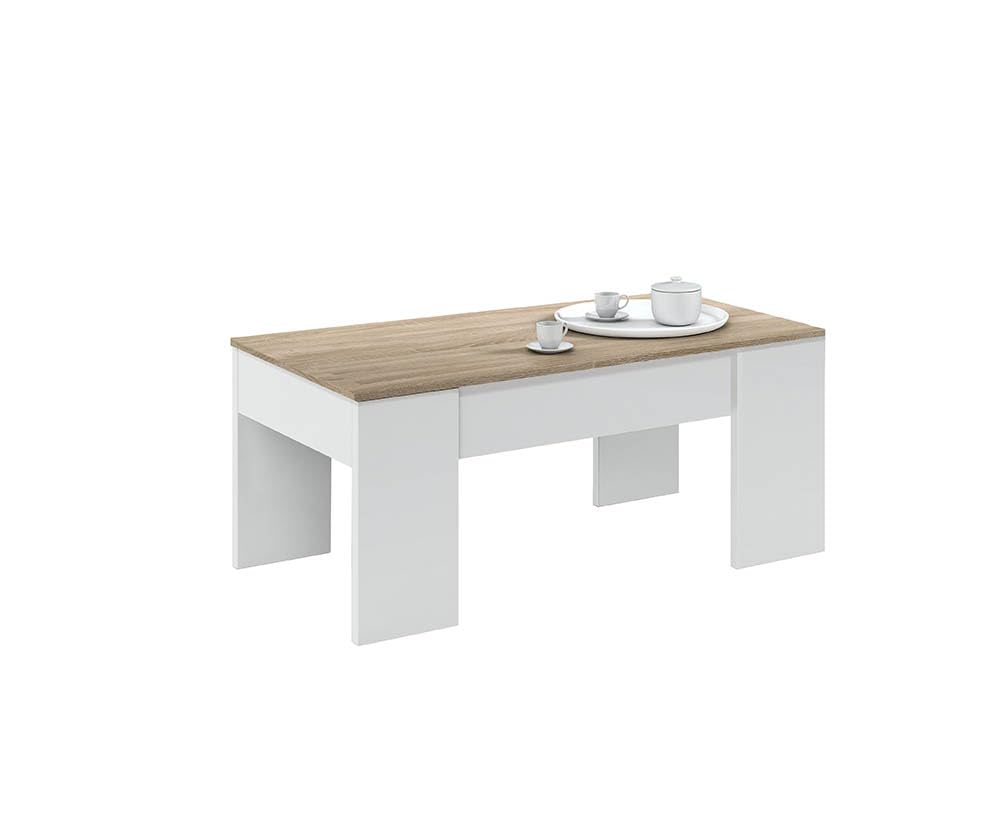 Habitdesign 0F1640A - Tavolino da salotto Low Cost, tavolo da pranzo colore Rovere Canadese - Bianco Artik, misura 100 cm (lunghezza) x 45-56 cm (altezza) x 50 cm (profondità)