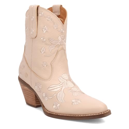 Dingo Womens Sweetheart Floral Embroidered Snip Toe Pull On Casual Boots Ankle Mid Heel 2-3" - Beige2