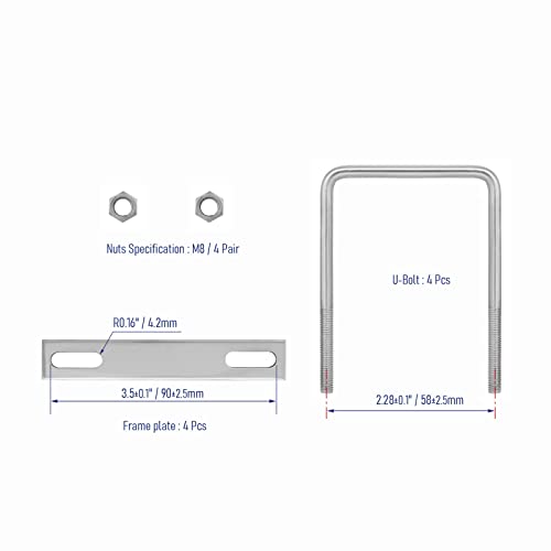 Image of 4 Sets 304 Stainless Steel Square U-Bolts 2 inch(50mm) Inner Width, 3.15 inch(80mm) Length Stainless M8 with Nuts, Frame Plate, Accessories for Automobiles Trailer, Boat Trailer Industrial Parts