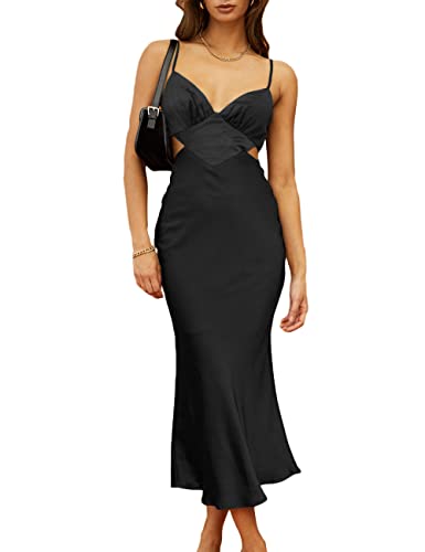 Image of Women Satin Cutout Slip Backless Maxi Dress V Neck Spaghetti Strap Bust Ruched Back Tie Strap Midi Dress for Wedding Guest Black