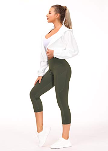 Image of THE GYM PEOPLE Thick High Waist Capris Yoga Pants with Pockets, Tummy Control Workout Running Yoga Leggings for Women