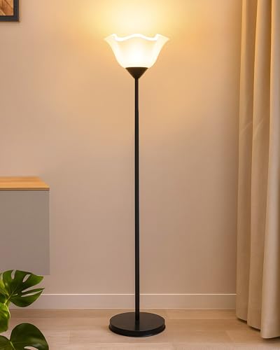 Image of Homesake Sky Ribbed Dome Standing Lamps with Acrylic Shade | Modern Floor Lamp for Living Room | Office | Corner Lamp for Living Room Straight Black (Black, Tulip)