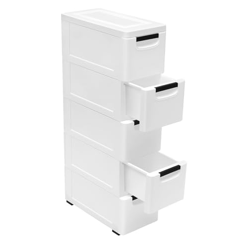 ARPITUYN 5 Tiers Vertical Storage Cabinet, Narrow Plastic Storage Drawers with wheel,Modern Stackable Clothes Drawer Organizer ffor Clothes, Toys, and Office Essentials
