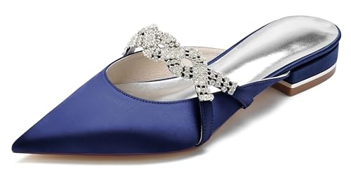 Minishion Wedding Flats Bride Shoes Womens Backless Comfy Evening Dress Mules Shoes with Rhinestone BR158