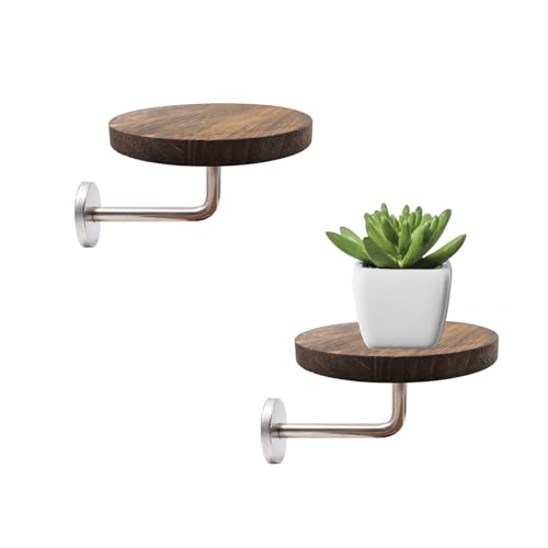 2 Sets Wall Mounted Plant Holder with Mounting Screws, 5.9 Inch Round Floating Planter Hanger (Metal Bracket and Wood Tray) for Bedroom Living Room Porch Balcony Wall Décor