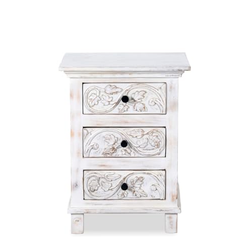 Image of Wooden Bedside Table for Bedroom | Solid Wood Kemi Bedside Table with Drawers | Corner Side Table for Living Room | Traditional Handcrafted Furniture for Home Decor (White Distress)
