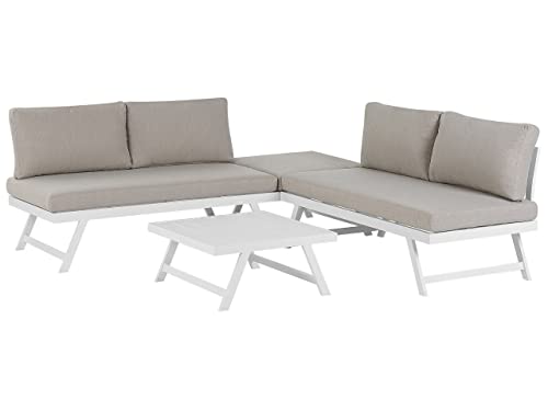 Beliani Salon de Terrasse ou Jardin Canapé Modulable et Table Basse Assortie en Aluminium Blanc avec Coussins Taupe Siège Relevable et Design Moderne