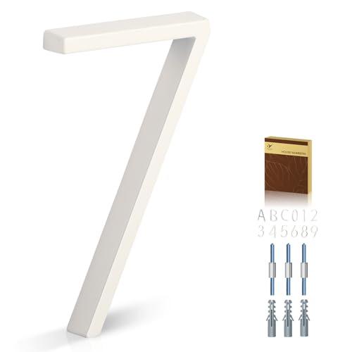 YIPLED 5 Inch House Numbers for Outside, Metal Address Number 7- Modern Design, Weather-Resistant White Crystal Powder Coated Finish, Stain Resistant No Paint Peeling (White)