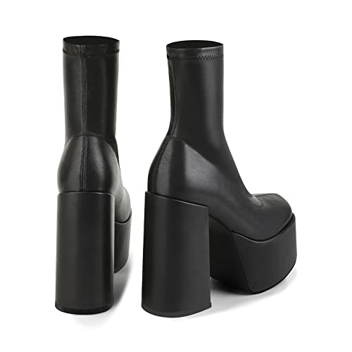 Easyfox Black Platform Boots For Women Chunky Heel Slip On Boots Heeled Mid Calf Boots Slip On Round Toe Elastic Pu Leather Womens Boots Shoes Size 8.5 #TOP5