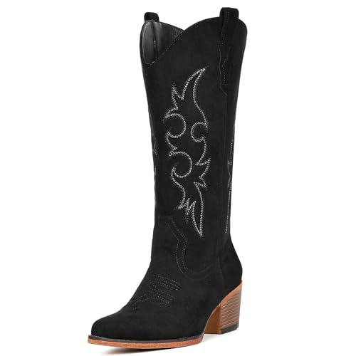 Image of IUV Cowboy Boots For Women Western Cowgirl Boots Mid Calf Snip Toe Boot With Chunky Heel