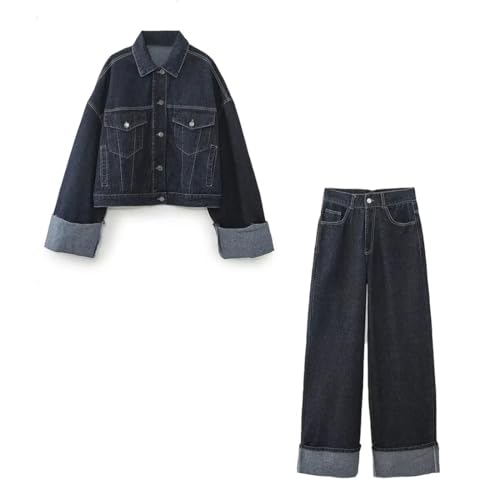 Ensembles jean pour femmes avec veste zippée à revers et poche avant