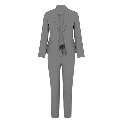 Blazer Sets Women 2 Piece Outfits Business Casual Outfits 2024 Dressy Casual Pant Suits Plus Size Wide Pants (Grey, XXL)4