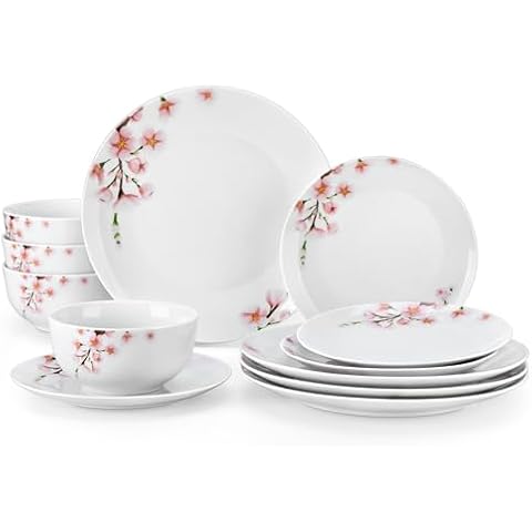 VEWEET Porcelain Dinnerware Sets for 4, 12 Pieces Plates and Bowls Set with Pink Floral, Kitchen Dishes Set Dining Ware for Family, Microwave and Dishwasher Safe, Series ANNIE Cover