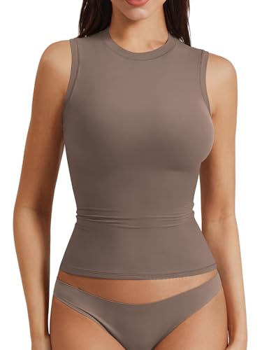 Image of YEOREO Women Basic Mock Neck Workout Crop Top Sleeveless Double Lined Tank Tee Slim Fitted Ruched Going Out Camisole