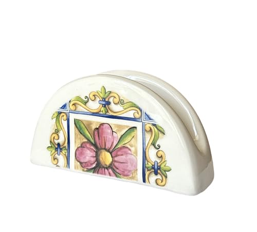 Servilletero de cerámica servilletero de mesa para casa, bar, restaurante, pizzería, pub, decoración con impresión mediterránea, 13 x 7 cm (blanco flor rosa)
