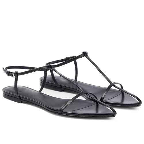 Flat Sandals for Women Adjustable Ankle Strap Slide Sandals Pointed Open Toe Flats Dressy Summer Sandals