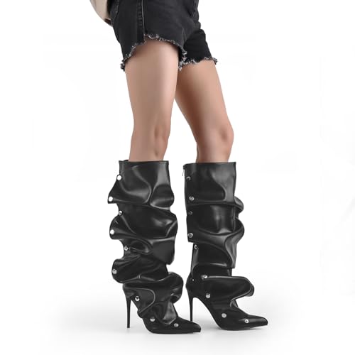 richealnini Women's Metallic Stiletto Heels Slouchy Knee High Boots with Zippers Detachable Boots Pointed Toe2