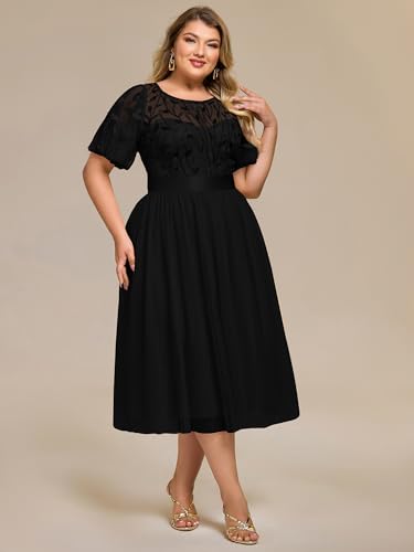 Image of Ever-Pretty Plus Women's Round Neck Embroidery Short Sleeves Sequin Tulle Midi Plus Size Cocktail Wedding Guest Dresses Black US16