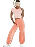 LAMISSCHE Womens Lounge Set Short Sleeve 2 Piece Outfit Crop Striped Top and Wide Leg pants Workout Sets with Pockets(Lt Orange Combo,M)