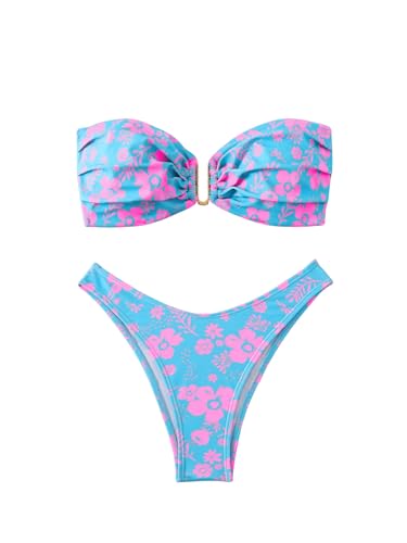 SHENHE Women's 2 Piece Strapless Swimsuit U Wire Floral Tie Back Ruched Bandeau Bikini with Thong Set