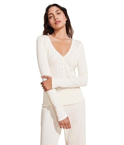 Eberjey Henley da donna con scollo a V Pointelle, Avorio, XL Eberjey Henley da donna con scollo a V Pointelle, Avorio, XL