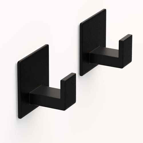 VINHOLD Adhesive Shower Hooks, Towel Hooks for Hanging Robe, Coat, Hat, Loofah, Heavy Duty Wall Hooks Stick on Bathroom, Kitchen and Office (2 Pack, Black)