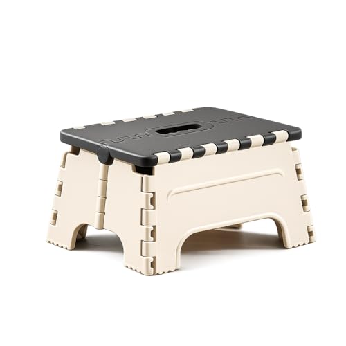 Image of 7 Inches Foldable Plastic Step Stool for Home & Kitchen, Portable Non-Slip Folding Stool, Heavy Duty Multipurpose Foot Rest for Bathroom, Office & Outdoor Use (Black-Ivory)