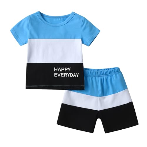 Toddler Infant Baby Boy Summer Clothes Short Sleeve Contrast Color T-Shirt Elastic Waist Shorts 2Pcs Outfits Sets 12-18 Months Blue