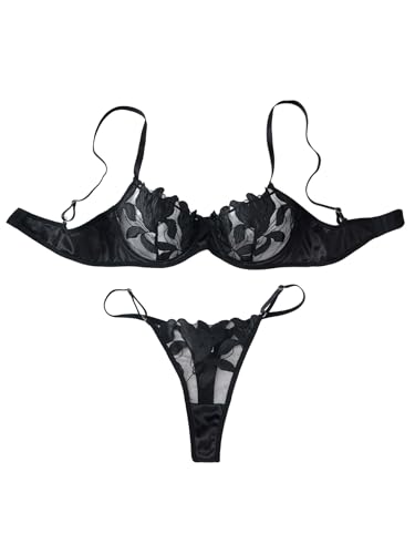 Lilosy Sexy Satin Mesh Floral Sheer Embroidered Underwire Lingerie Set 2 Piece Women