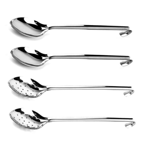 Professional Serving Spoons with Hook Handles, 16 Inch, Set of 4, Silver, Solid & Perforated, Kitchen and Servingware, Spoon Set