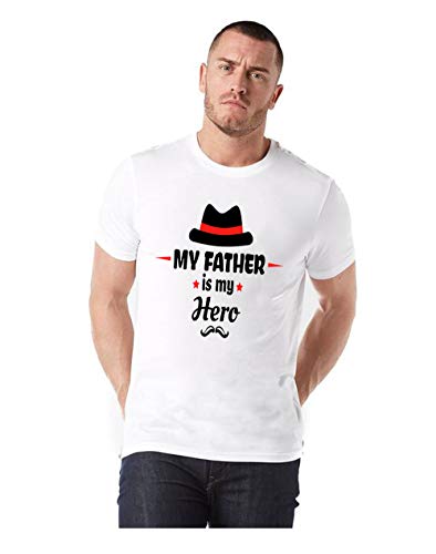 Image of Men's Polyester My Father is My Hero Design Printed Sports Round Neck T-Shirt (White)