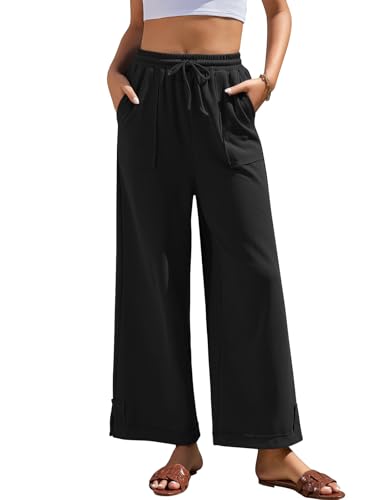 grewley Womens Wide Leg Petite Palazzo Pants Loose Drawstring Cotton Lounge Trousers with Pockets Black S