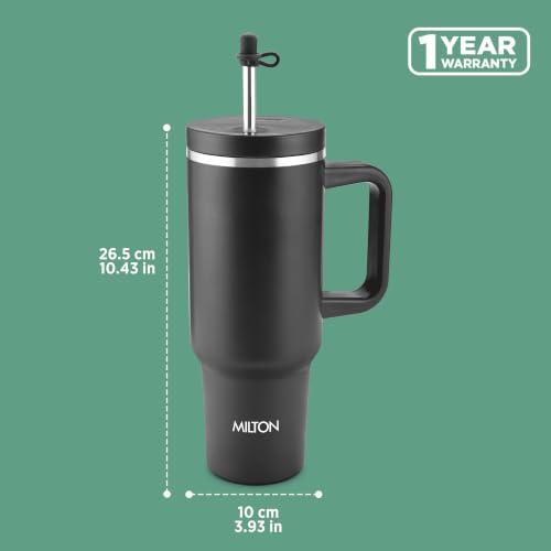 Image of Milton My Tumbler 1200 Thermosteel Double Wall Vacuum Insulated Stainless Steel Tumbler with Handle 1100ml,Leak Proof Travel Mug with Straw,Silicon Cap Cleaning Brush, Hot & Cold Beverage Flask, Black