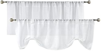 Home Queen White Tie Up Curtain Valances, Country Farmhouse Style, Semi Sheer Burlap Window Valences Topper for Kitchen, 54" W X 20" L, Set of 2