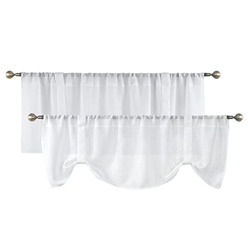 Home Queen White Tie Up Curtain Valances, Country Farmhouse Style, Semi Sheer Burlap Window Valences Topper for Kitchen, 54" W X 20" L, Set of 2