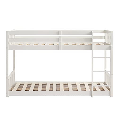 Joymor Solid Wood Low Twin Over Twin Bunk Bed For Kids/Toddlers/Junior, Bunk Bed Frame With Guardrails & Ladder For Boys Girls, No Box Spring Needed, White #TOP7