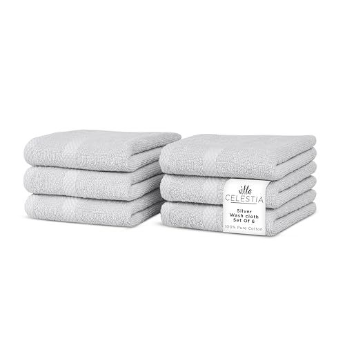 Villa Celestia Cotton Washcloths Set of 6, 12x12 Inch, 100% Ring-Spun Combed Cotton, Soft Absorbent Quick-Dry Wash Cloths for Face and Body, Oeko-TEX Certified, Hotel & Spa Quality, Silver Grey