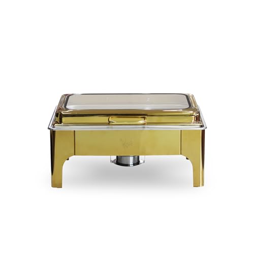 Image of Malabar Stainless Steel Chafing Dish with Transparent Lid, Rectangular Chafing Dish Set with Hydraulic Lid, Mirror Finished Buffet Food Warmer (Non Electric, 9 LTR - Gold)