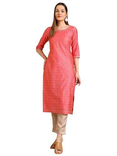 Image of Aurelia Women's Round Neck Embroidered Straight Chanderi Butti Kurta