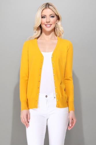 Image of YEMAK Women's Knit Cardigan Sweater - Long Sleeve V-Neck Basic Classic Casual Button Down Knitted Soft Lightweight Top MK5178-Honey-L