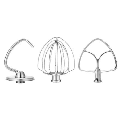 Wiselet Stainless Steel Accessories for KitchenAid 4.5-5 Qt Tilt Head Stand Mixer, Includes 6 Wire Whisk, Flat Beater, Dough Hook for KitchenAid, Dishwasher Safe and Heavy Duty, Fits for KSM45, KSM150