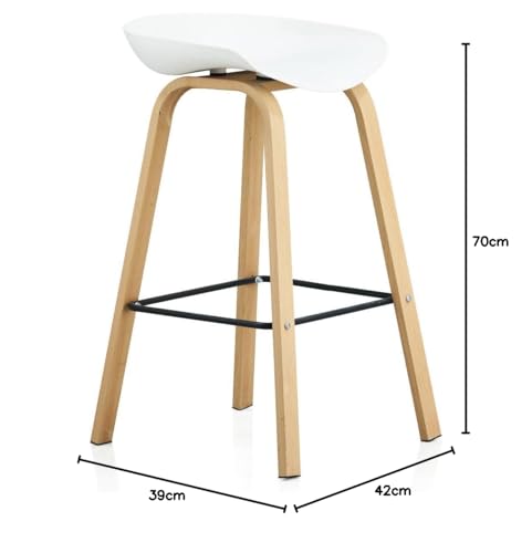 Image of Creative White Bar Stool Chair | Plastic Seat | Wooden Finish Metal Legs | Powder Coated Metal Footrest | Modern High Stool for Kitchen, Cafe, Bar & Home Use | Qty 1