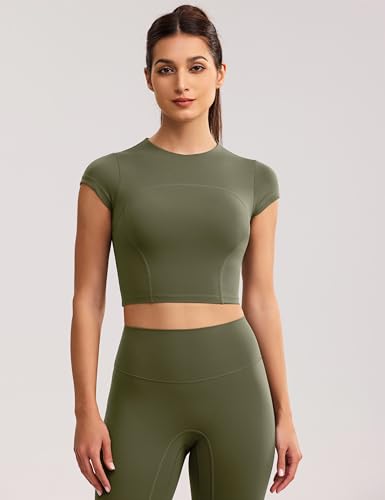 Image of ENERBLOOM Workout Crop Tops for Women Yoga Short Sleeve Mild Support Slim Fit Cropped Athletic Shirts Gym Tee Built in Bra