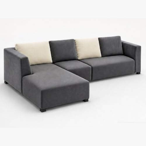 Image of FURNY Olympus 6 Seater LHS L Shape Sofa Set | Plush Velvet Suede Fabric | Modern Design | Soft Comfort Dual Color Cushions for Living Room, Office & Hotels (Dark Grey-Cream)