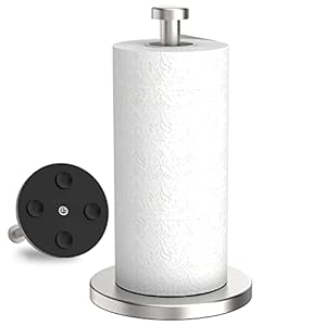 VEHHE Paper Towel Holder Countertop, Standing Paper Towel Roll Holder for Kitchen Bathroom, with Weighted Base Suction Cups for One-Handed Operation (Silver)