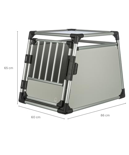TRIXIE Hunde-Transportbox Aluminium in silber – M: 55 × 62 × 73 cm, stabile und geräuscharme Hundebox mit abgeschrägten Seiten, Sicherheitsverschluss & rutschfester Liegematte – 39342