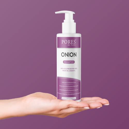 Image of PORES Be Pure Onion Shampoo with Redensyl | Cold Pressed Red Seed Onion Oil for Hair Fall Control, Dandruff & Hair Growth | Nourishing Shampoo for Dry, Damaged Hair | For Men & Women - (250 ml X 3)